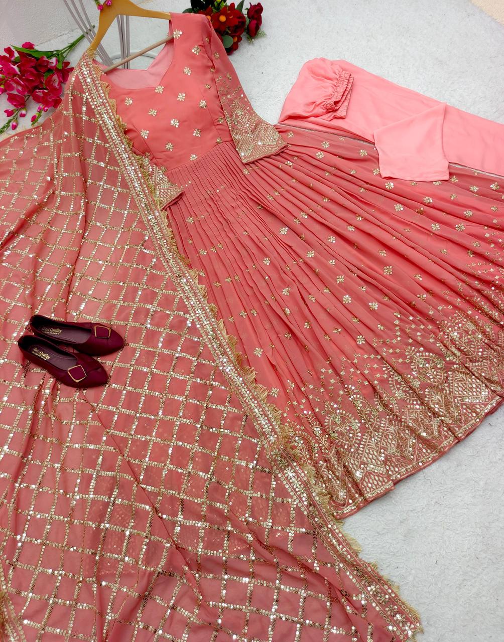 "Heavy Fox Georgette Gown Set with Sequins Embroidery, Pant & Dupatta β Fully Stitched"