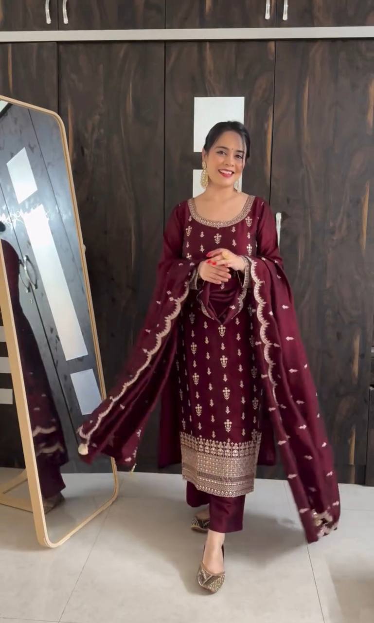 "Pure Cinon Silk Embroidered Top, Pant & Dupatta Set β Ready to Wear"