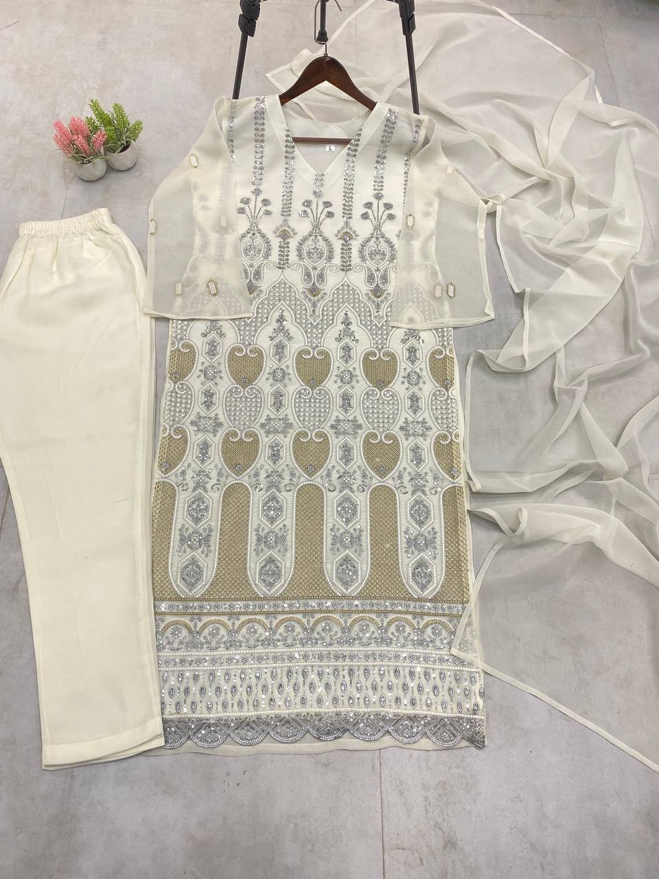 "Elegant Fox Georgette Sequence Embroidered Top, Pant & Dupatta Set"