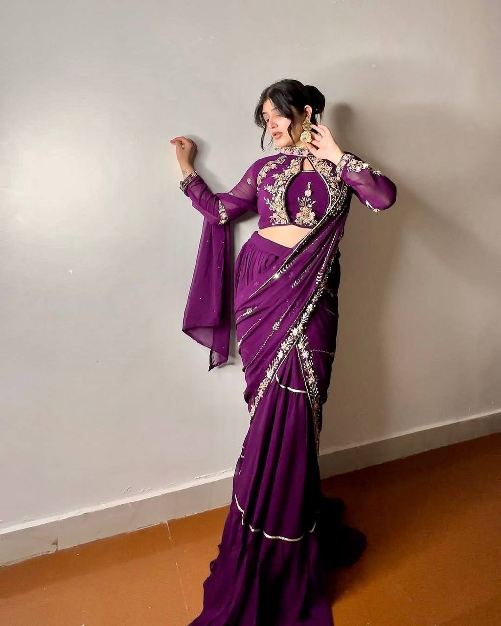 “Elegant Faux Georgette Lehenga Saree with Mirror & Sequence Embroidery - Full Stitched, Full Flair”