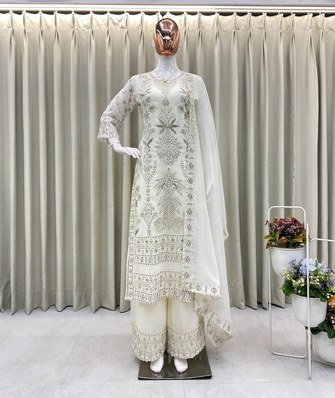 "Elegant Faux Georgette Ensemble with Sequence & Moti Embroidery"