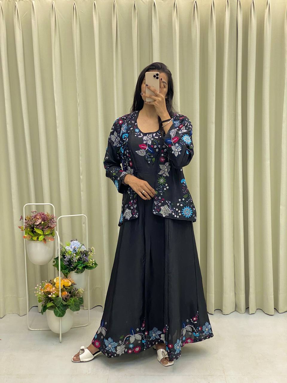 "Chinon Fabric Koti & Gown Set with Cording Sequence Embroidery β Free Size, Full-Stitched"