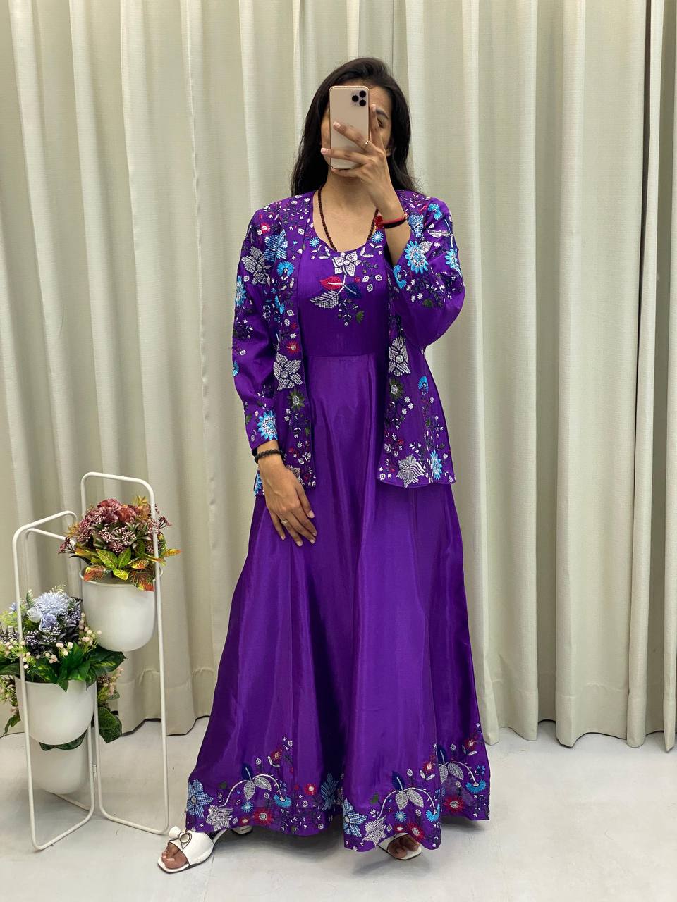 "Chinon Fabric Koti & Gown Set with Cording Sequence Embroidery β Free Size, Full-Stitched"
