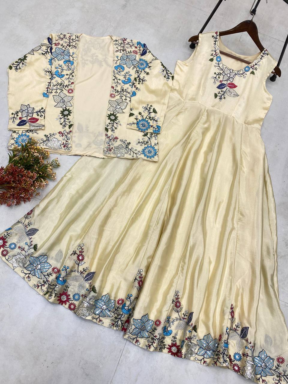 "Chinon Fabric Koti & Gown Set with Cording Sequence Embroidery β Free Size, Full-Stitched"