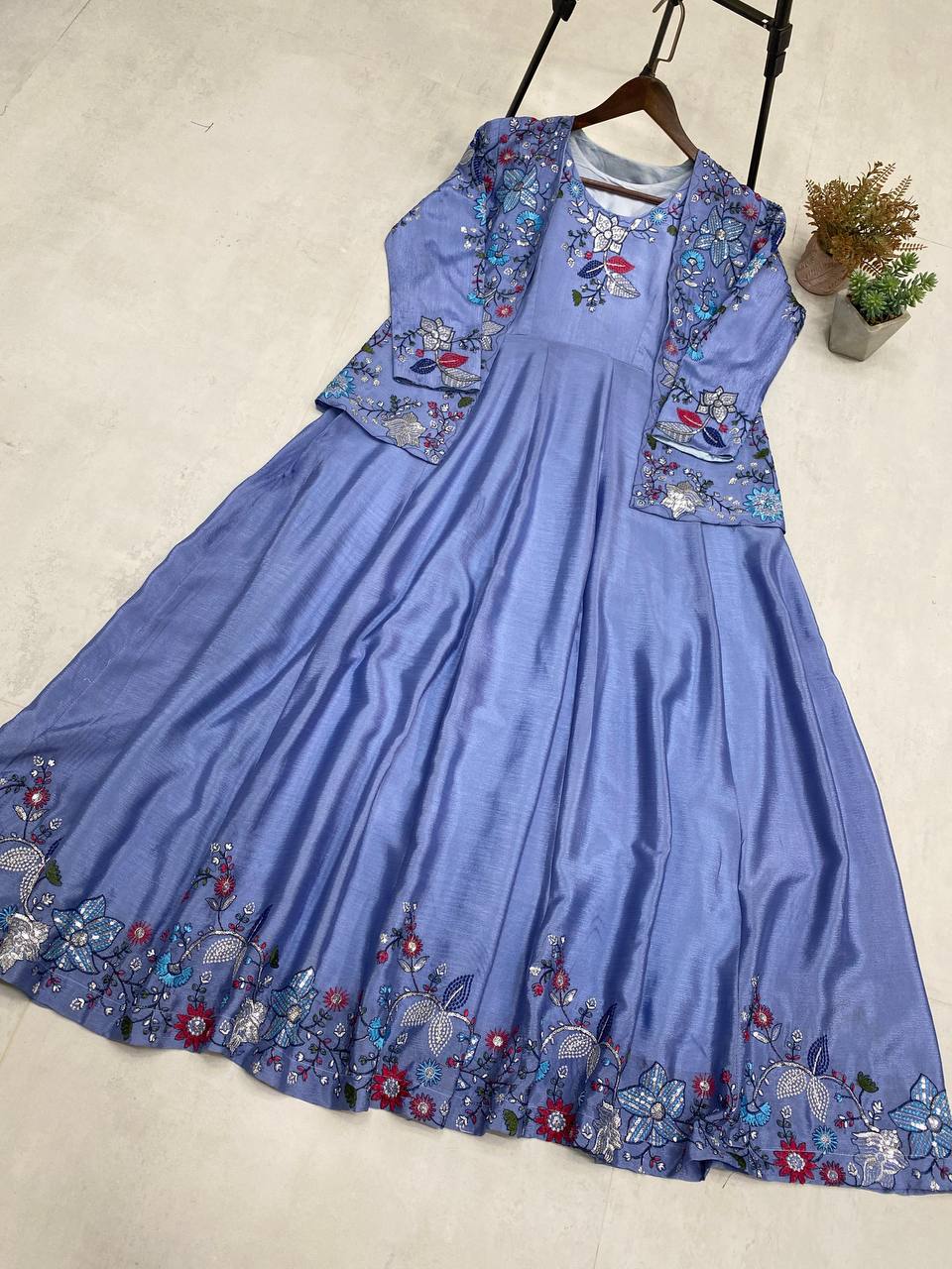 "Chinon Fabric Koti & Gown Set with Cording Sequence Embroidery β Free Size, Full-Stitched"