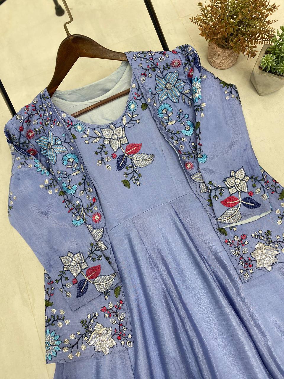 "Chinon Fabric Koti & Gown Set with Cording Sequence Embroidery β Free Size, Full-Stitched"