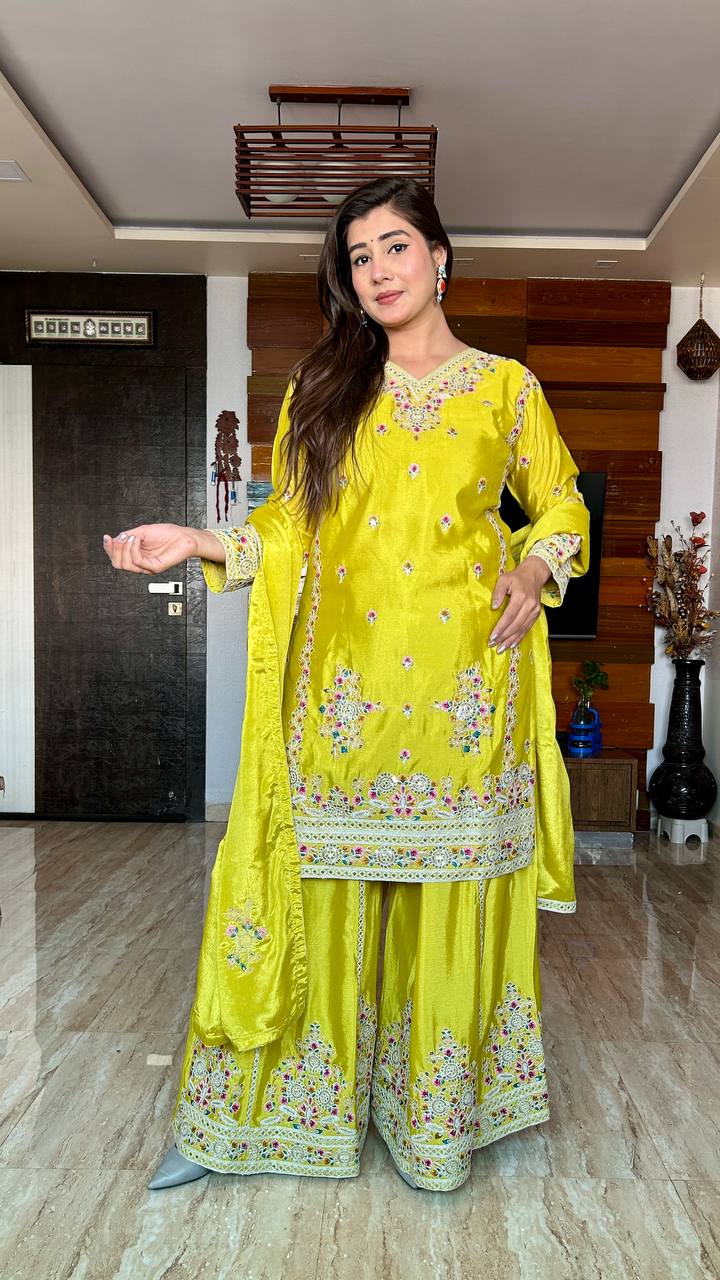 "Elegant Cinon Silk Embroidered Top, Sarara, and Dupatta Set β Fully Stitched, Ready to Wear"