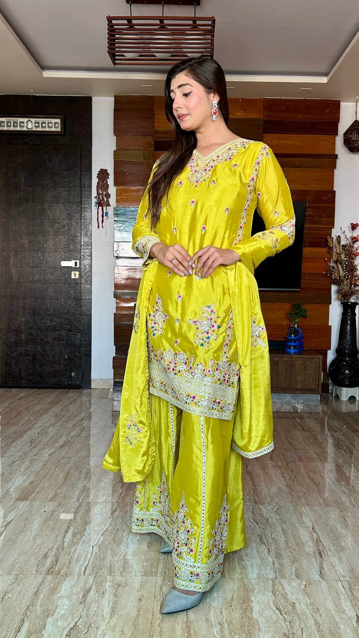 "Elegant Cinon Silk Embroidered Top, Sarara, and Dupatta Set β Fully Stitched, Ready to Wear"