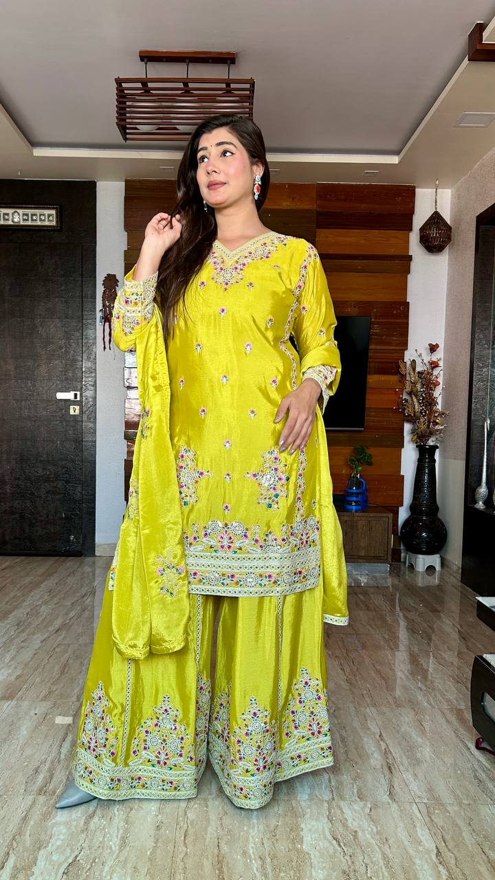 "Elegant Cinon Silk Embroidered Top, Sarara, and Dupatta Set β Fully Stitched, Ready to Wear"