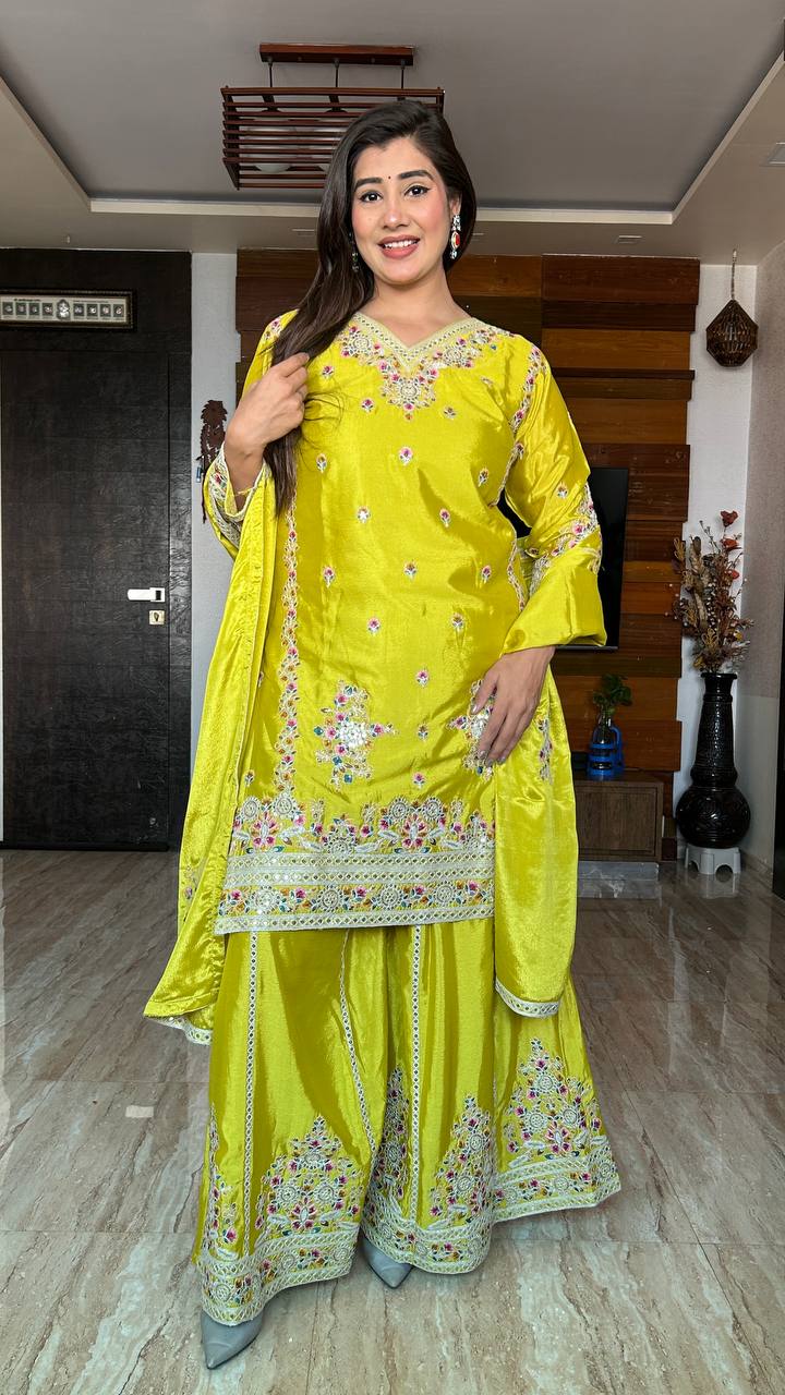 "Elegant Cinon Silk Embroidered Top, Sarara, and Dupatta Set β Fully Stitched, Ready to Wear"