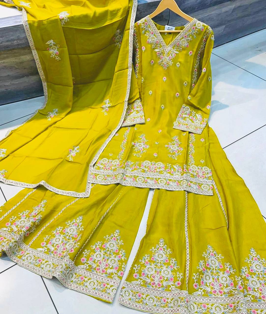 "Elegant Cinon Silk Embroidered Top, Sarara, and Dupatta Set β Fully Stitched, Ready to Wear"