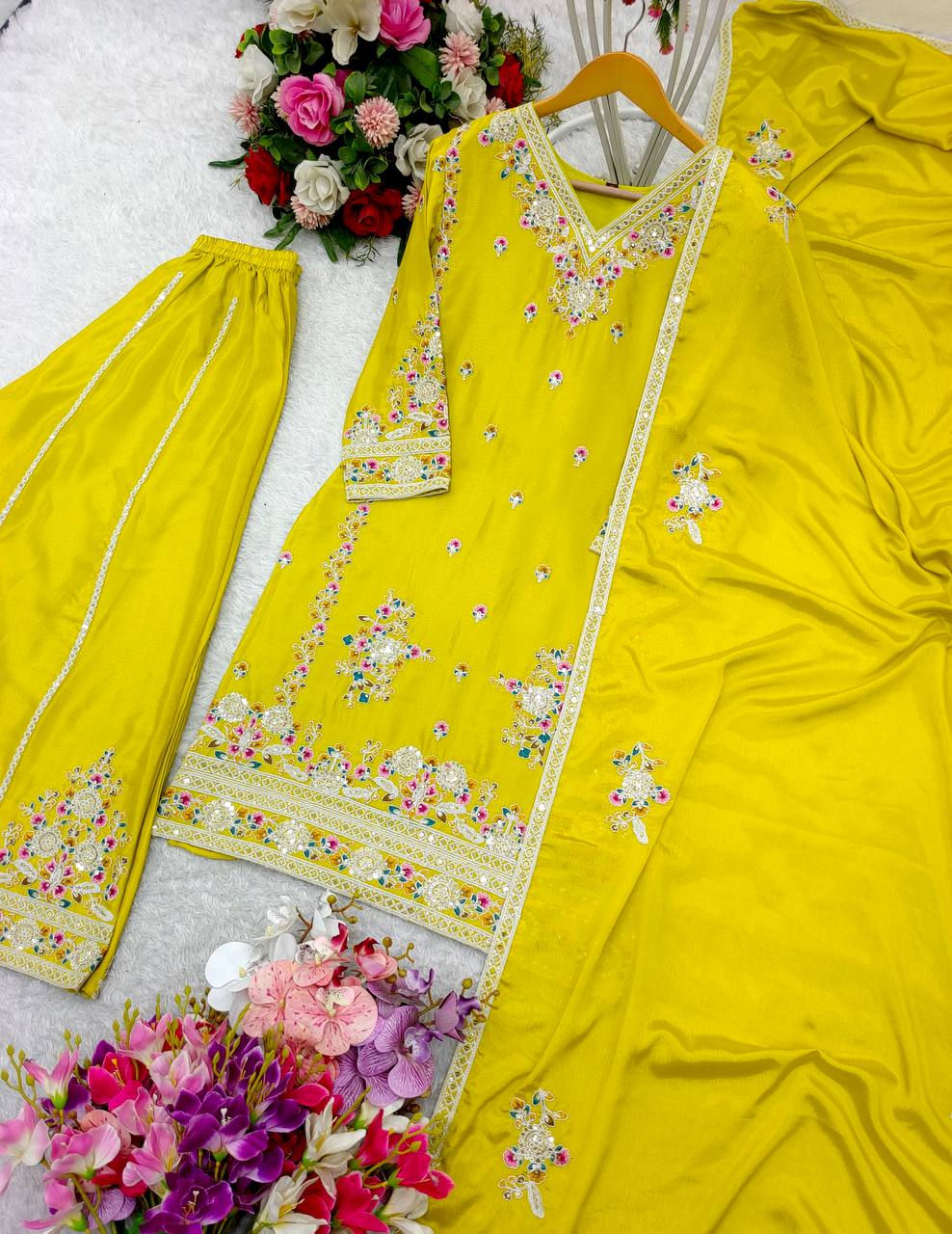 "Elegant Cinon Silk Embroidered Top, Sarara, and Dupatta Set β Fully Stitched, Ready to Wear"