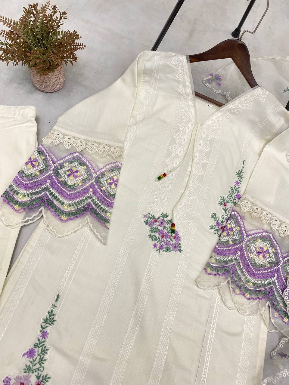 Premium Tesla Embroidered Top with Organza Dupatta & Lace Detailing