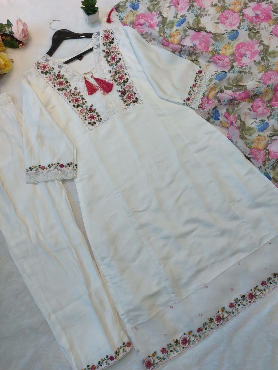"Embroidered Chanderi Silk Top with Roman Silk Pant & Organza Dupatta – Fully Stitched, Ready-Made Set"