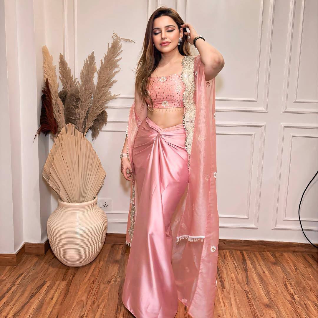 "Embroidered French Crêpe Tube Blouse & Draped Dhoti Set with Mirror Work Shrug"