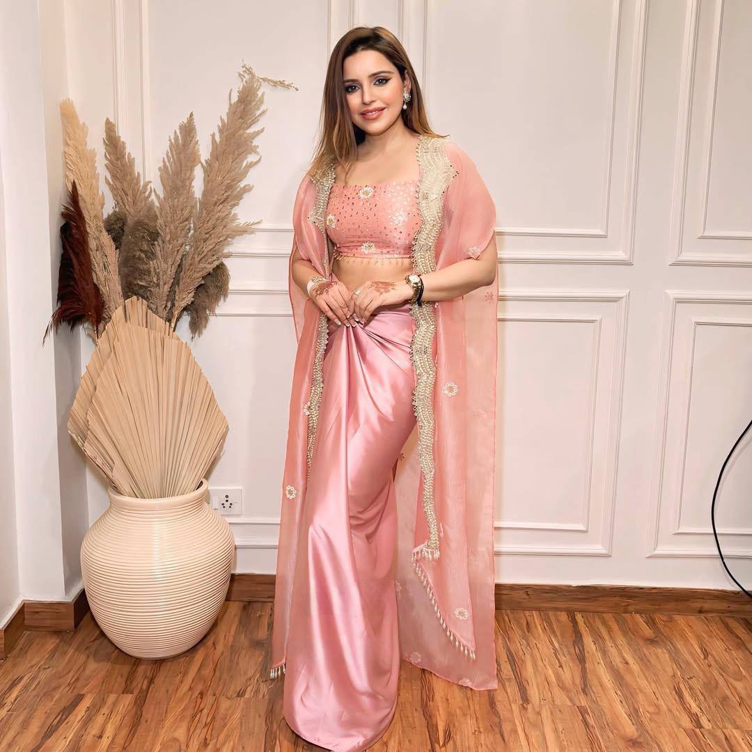 "Embroidered French Crêpe Tube Blouse & Draped Dhoti Set with Mirror Work Shrug"