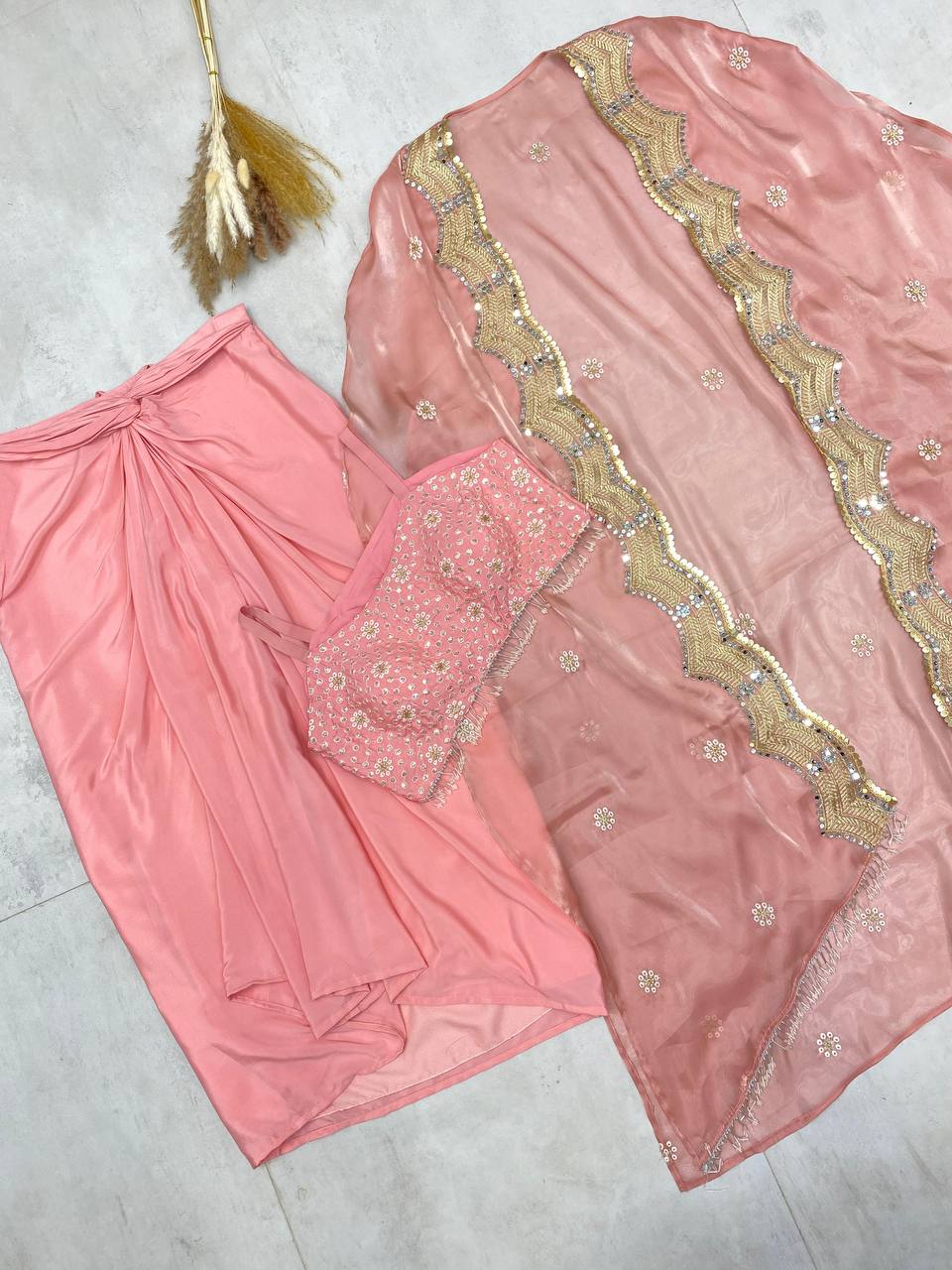 "Embroidered French Crêpe Tube Blouse & Draped Dhoti Set with Mirror Work Shrug"