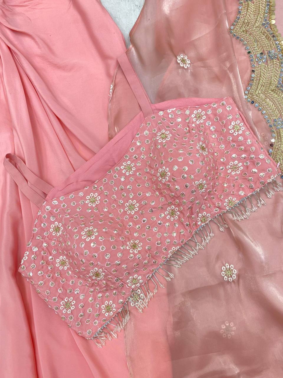 "Embroidered French Crêpe Tube Blouse & Draped Dhoti Set with Mirror Work Shrug"