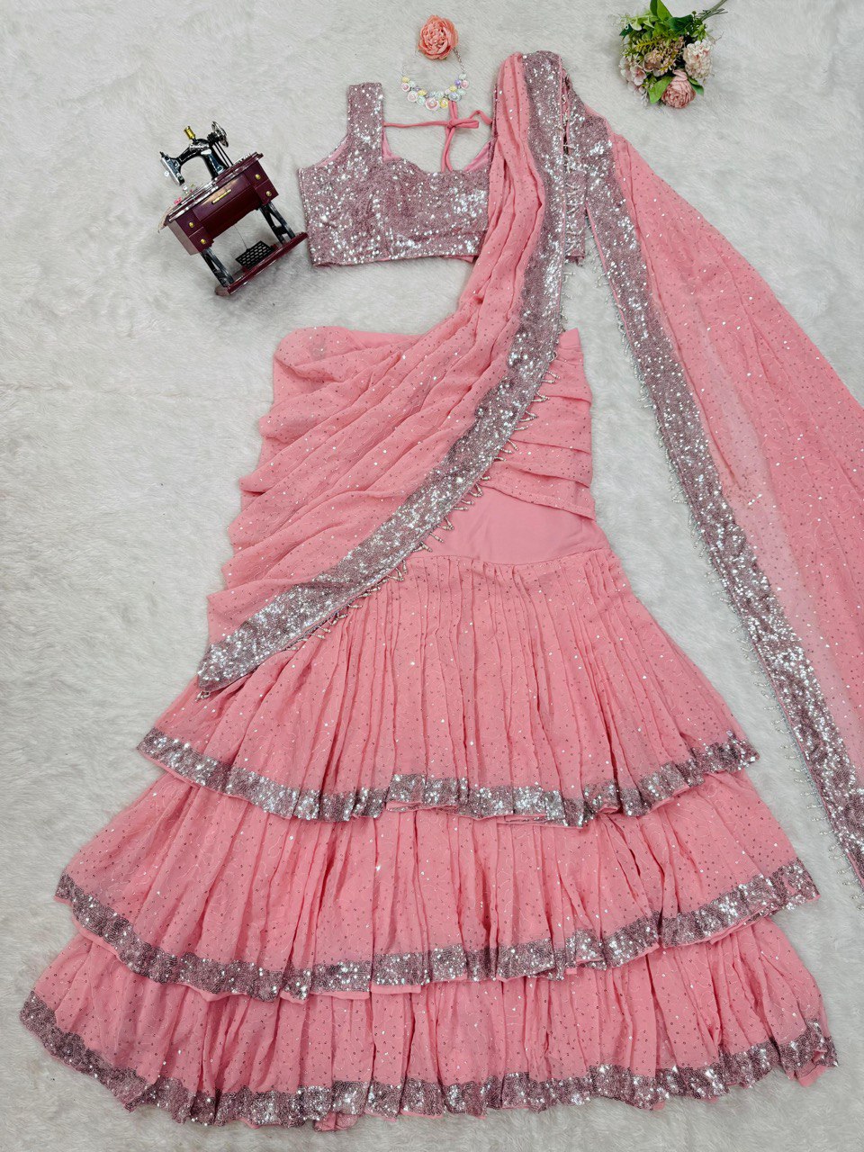 Elegant Foux Gorgette Lehenga Saree & Blouse Set