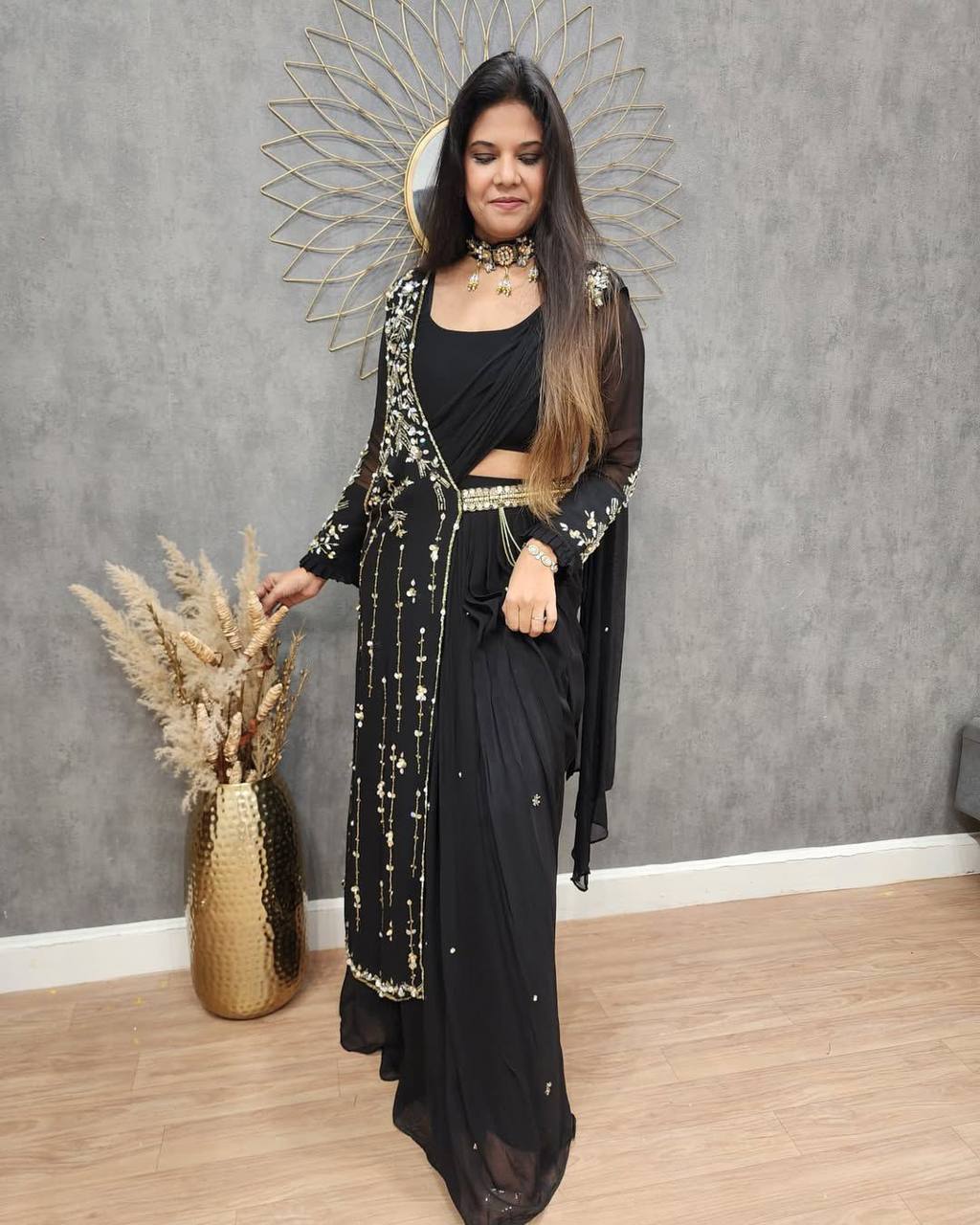 "Elegant Faux Georgette Lehenga Saree with Sequence Embroidery and Full-Stitched Blouse"