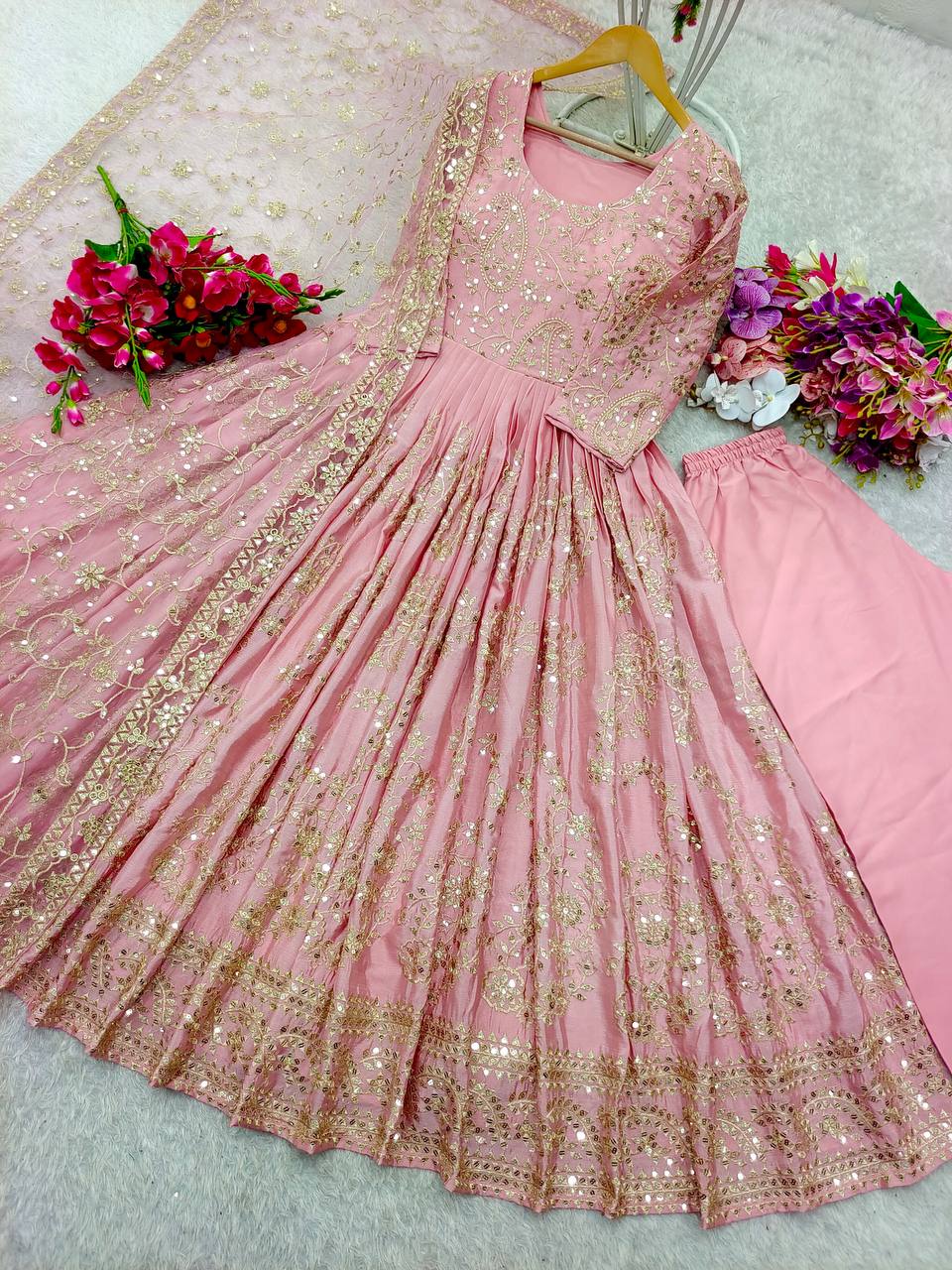 "Elegant Gwon Set: Pure Chinnon Silk with Embroidery & Sequence Work"
