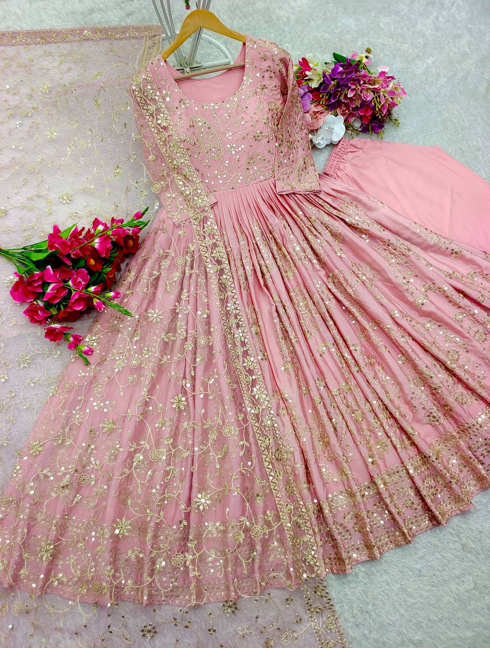 "Elegant Gwon Set: Pure Chinnon Silk with Embroidery & Sequence Work"