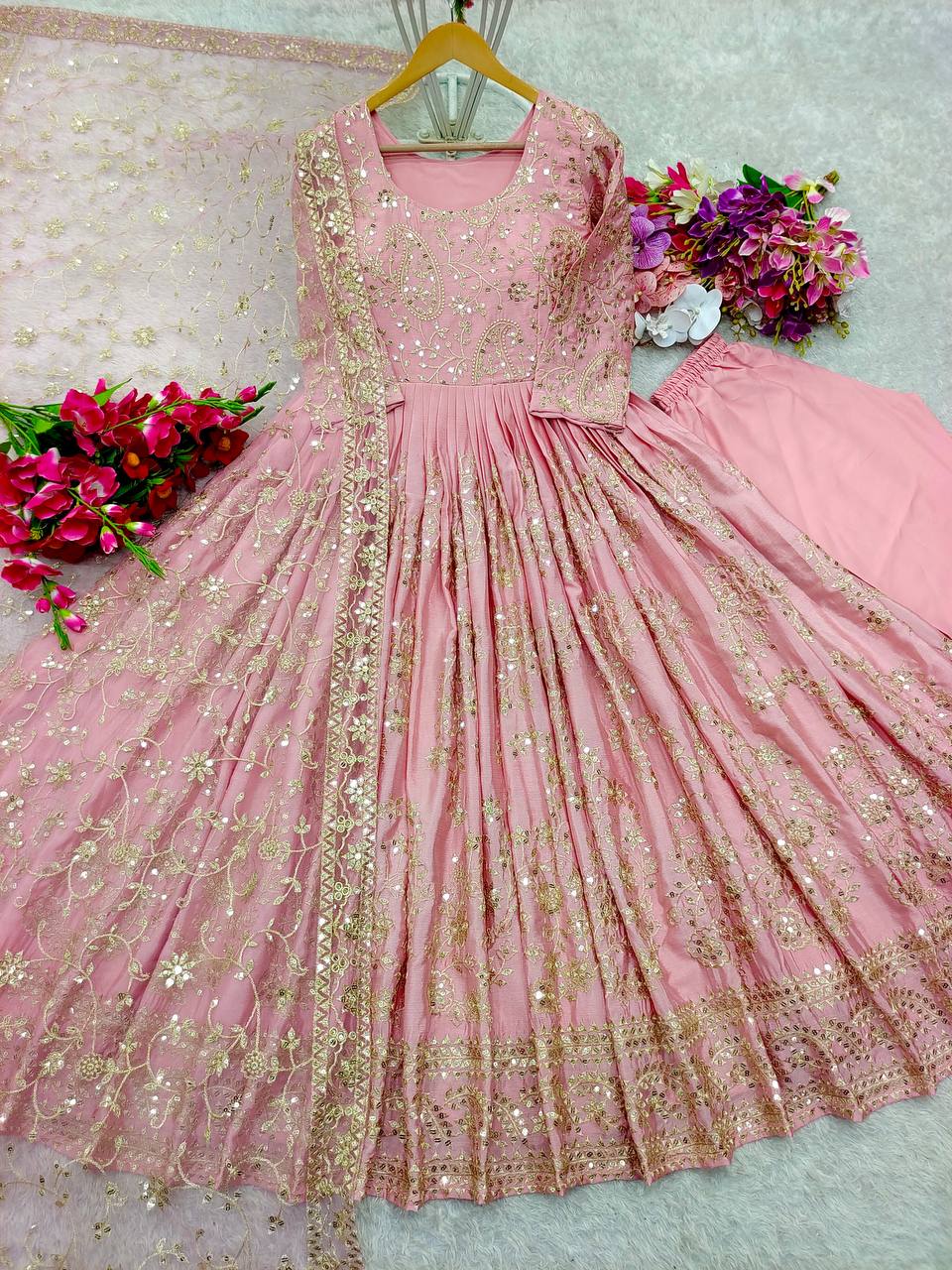 "Elegant Gwon Set: Pure Chinnon Silk with Embroidery & Sequence Work"