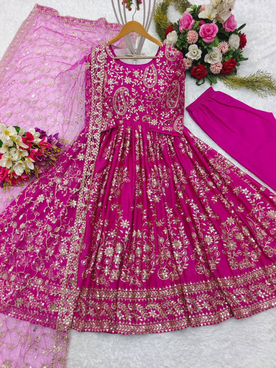 "Elegant Gwon Set: Pure Chinnon Silk with Embroidery & Sequence Work"