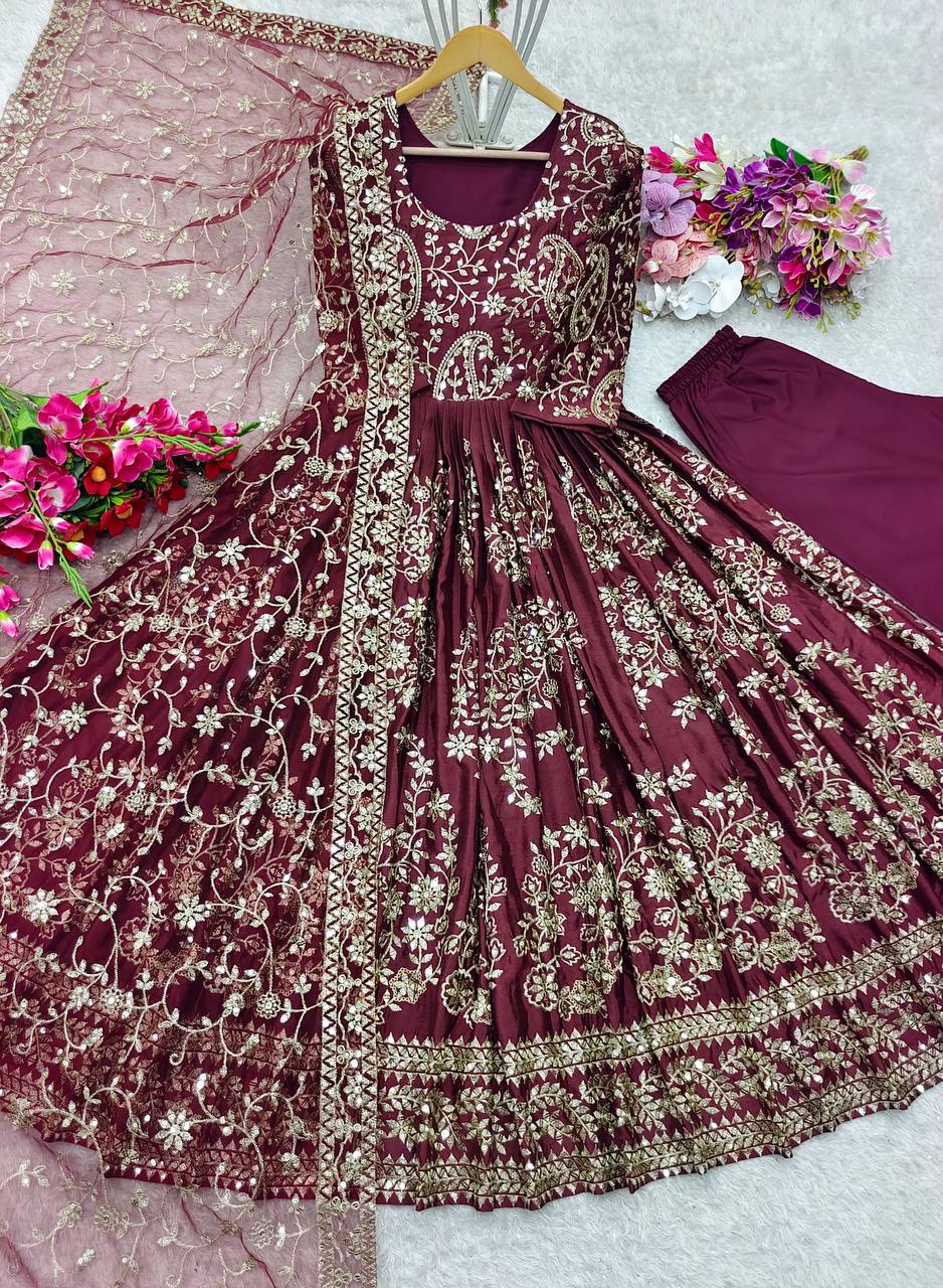 "Elegant Gwon Set: Pure Chinnon Silk with Embroidery & Sequence Work"
