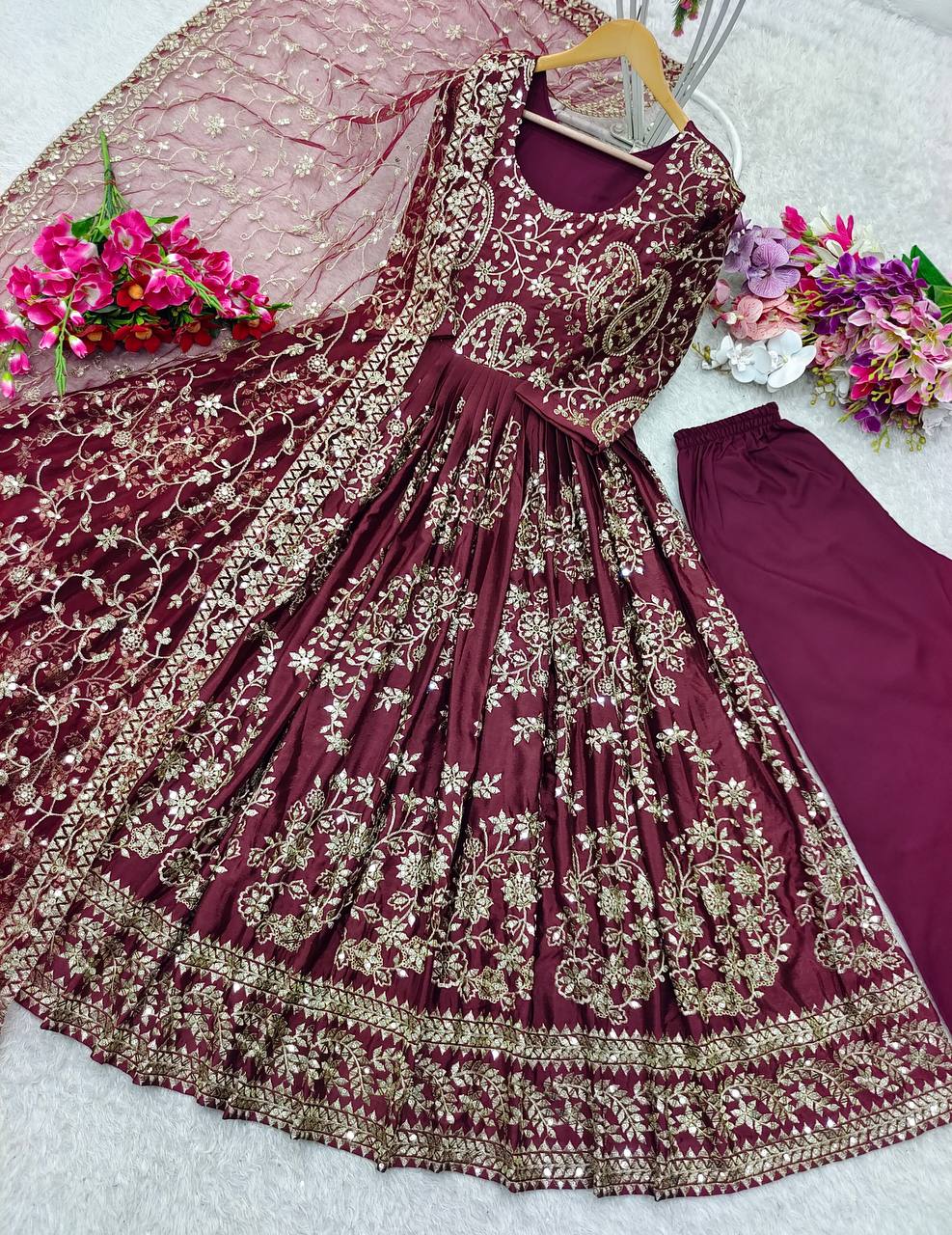 "Elegant Gwon Set: Pure Chinnon Silk with Embroidery & Sequence Work"