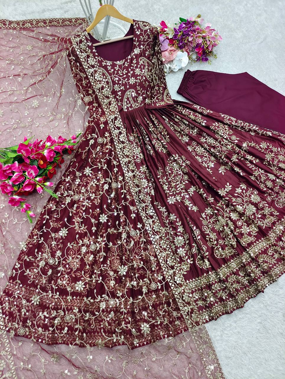 "Elegant Gwon Set: Pure Chinnon Silk with Embroidery & Sequence Work"