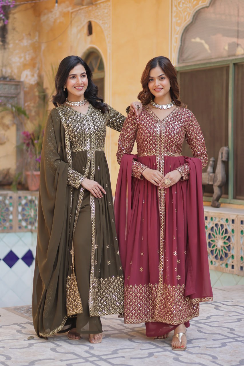 "Elegant Faux Georgette Embroidered 3-Piece Set with Sequins Work"