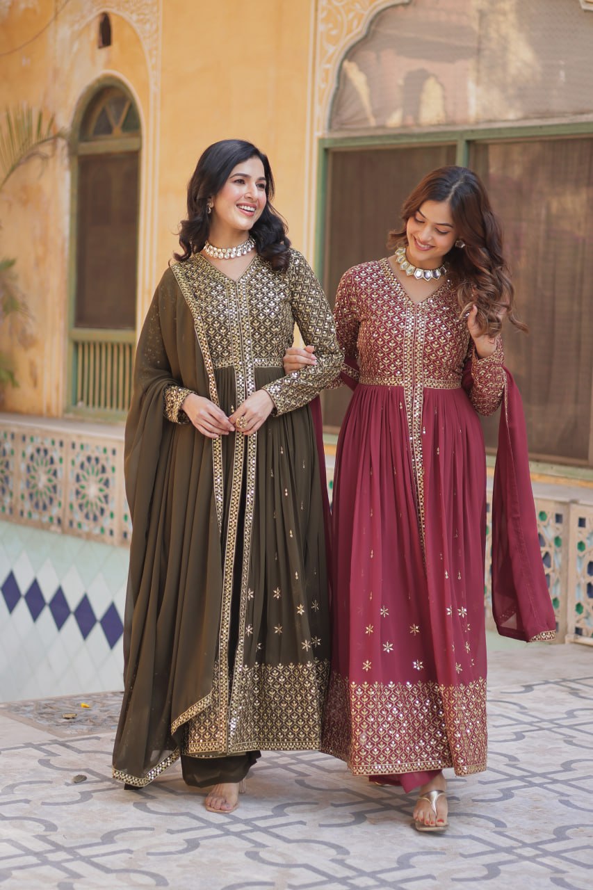 "Elegant Faux Georgette Embroidered 3-Piece Set with Sequins Work"