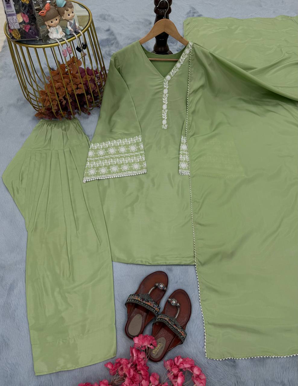 Natural Satin with Elastic Waist Kurta Palazzo set
