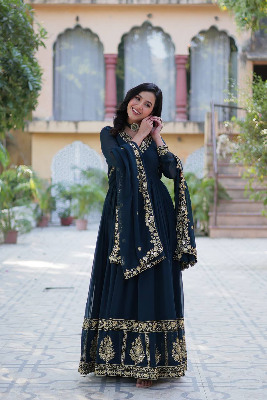 "Radiant Elegance: Faux Blooming Georgette Gown with Zari Thread & Sequins Embroidery"