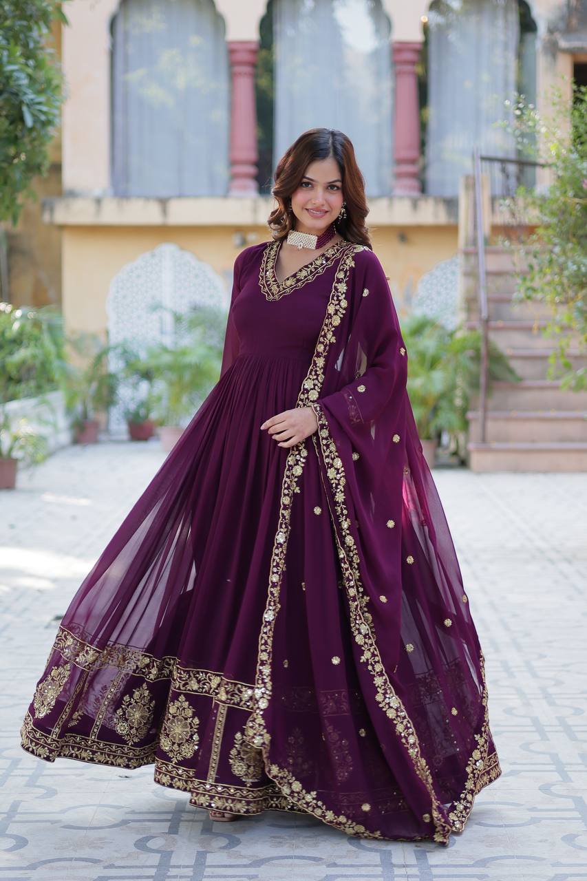 "Radiant Elegance: Faux Blooming Georgette Gown with Zari Thread & Sequins Embroidery"