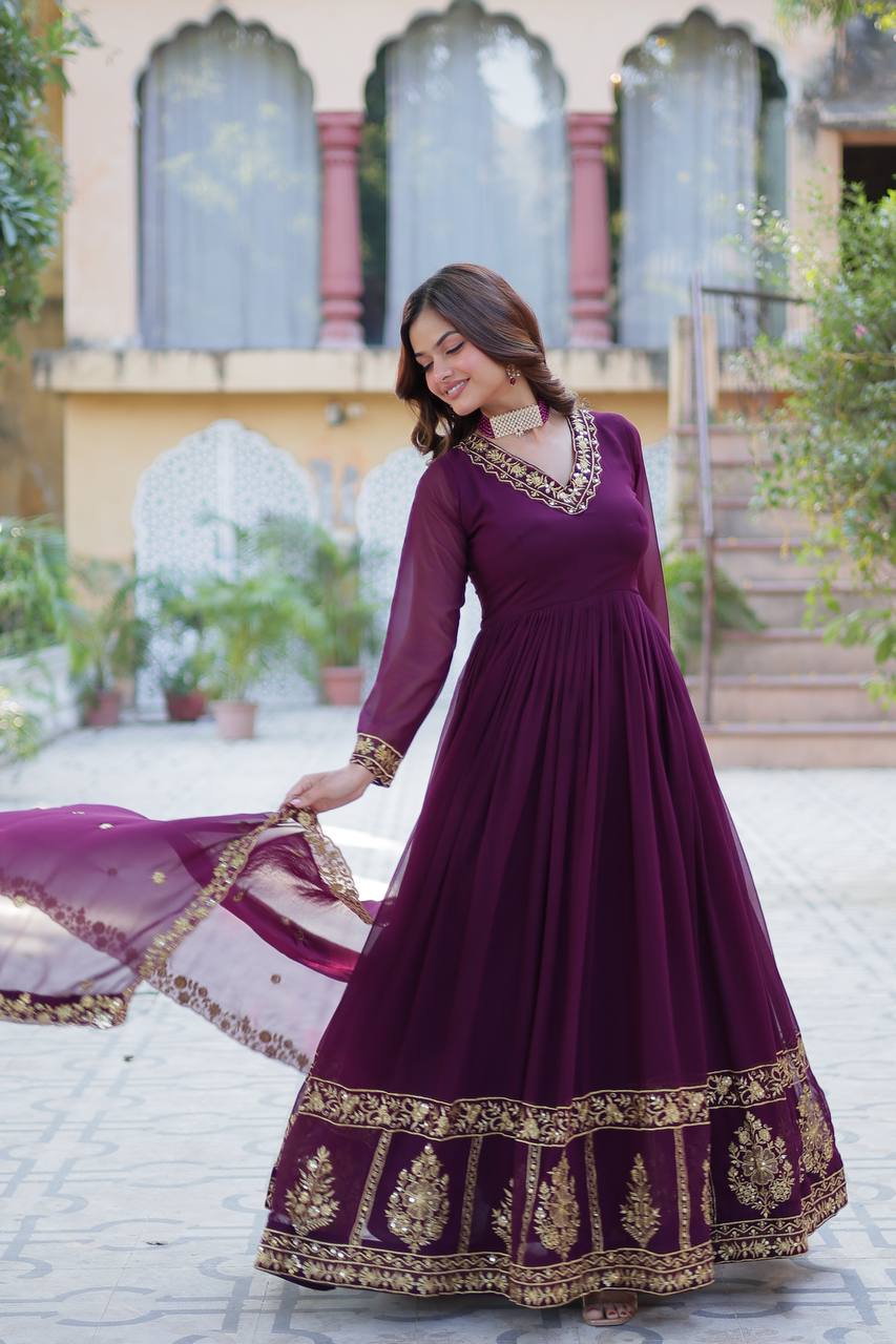 "Radiant Elegance: Faux Blooming Georgette Gown with Zari Thread & Sequins Embroidery"