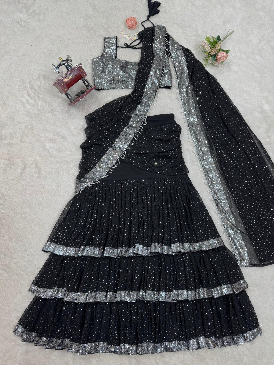 Elegant Foux Gorgette Lehenga Saree & Blouse Set