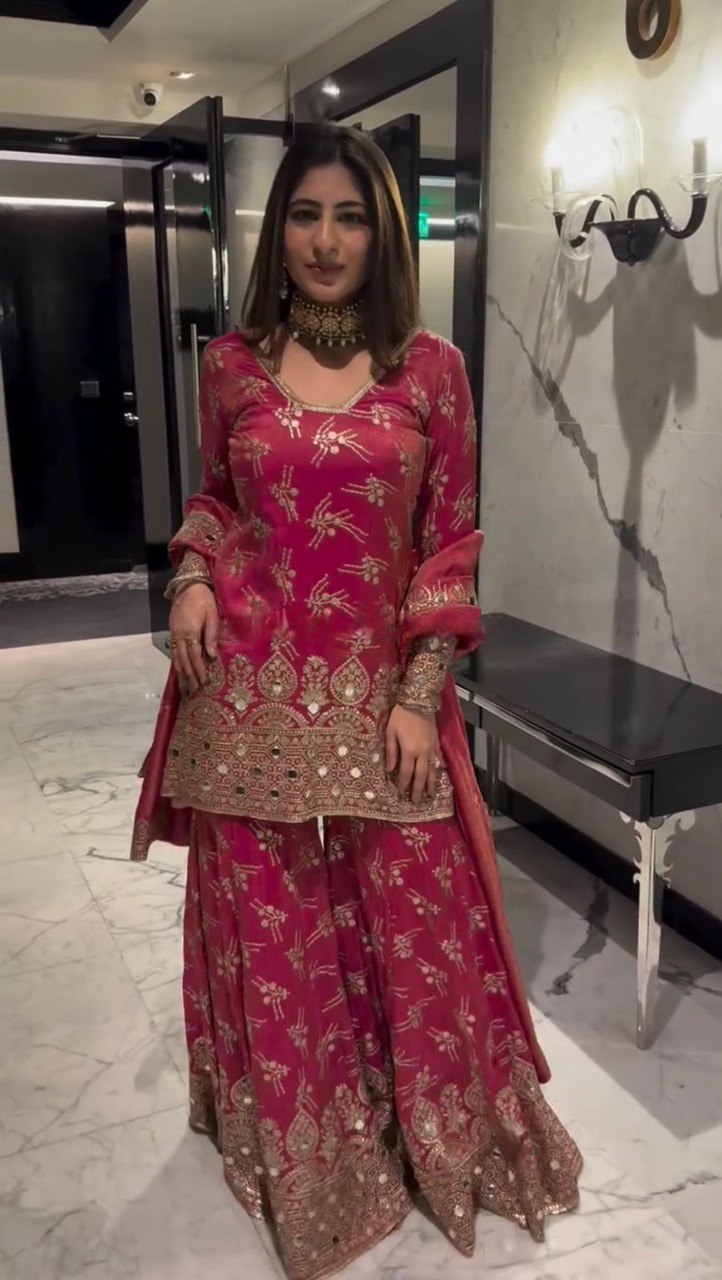 "Elegance in Silk: Mirror Work Sharara Set with Thread & Sequence Detailing"
