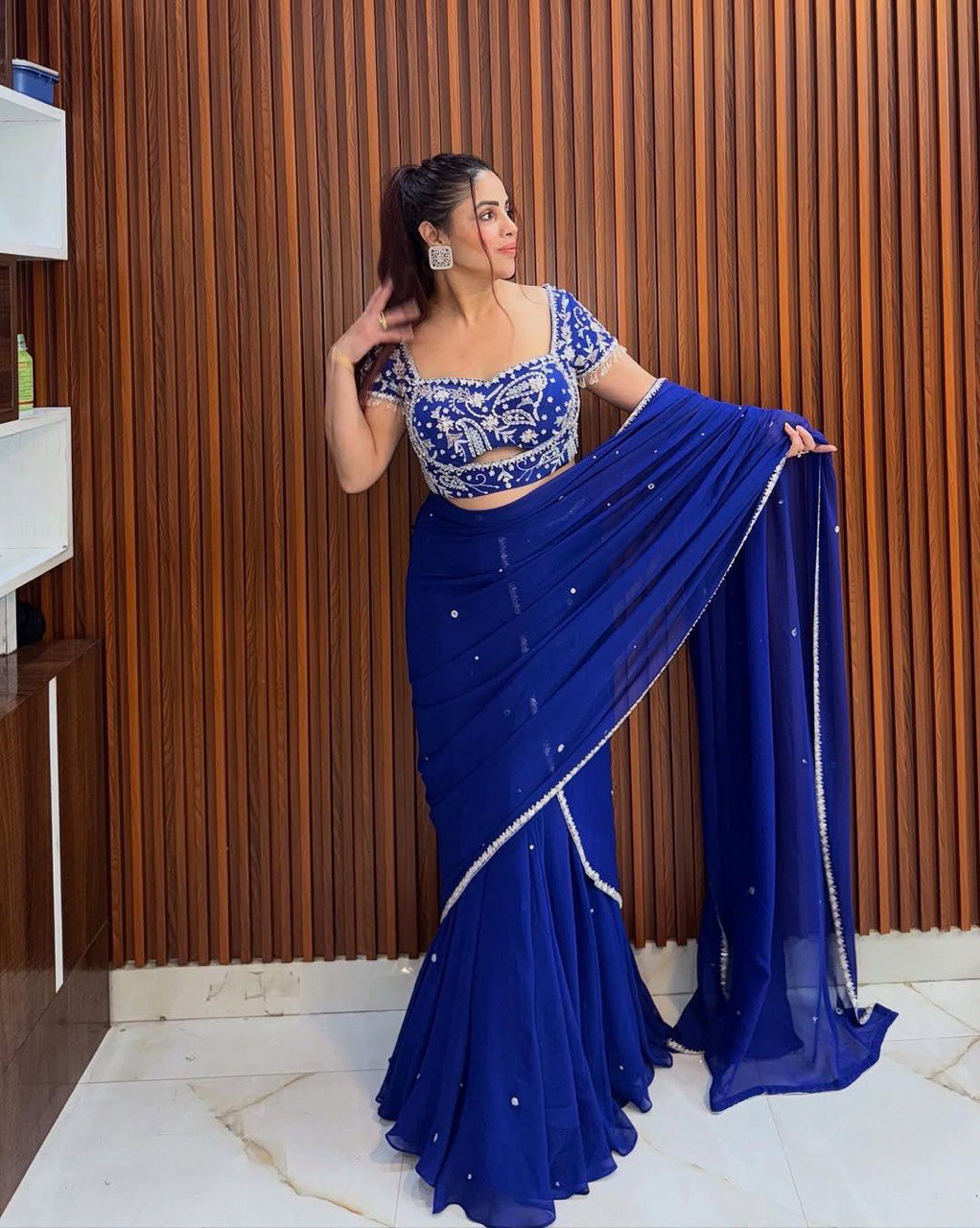 "Elegant Faux Georgette Lehenga Saree & Choli Set with Sequins & Ruffle Style"