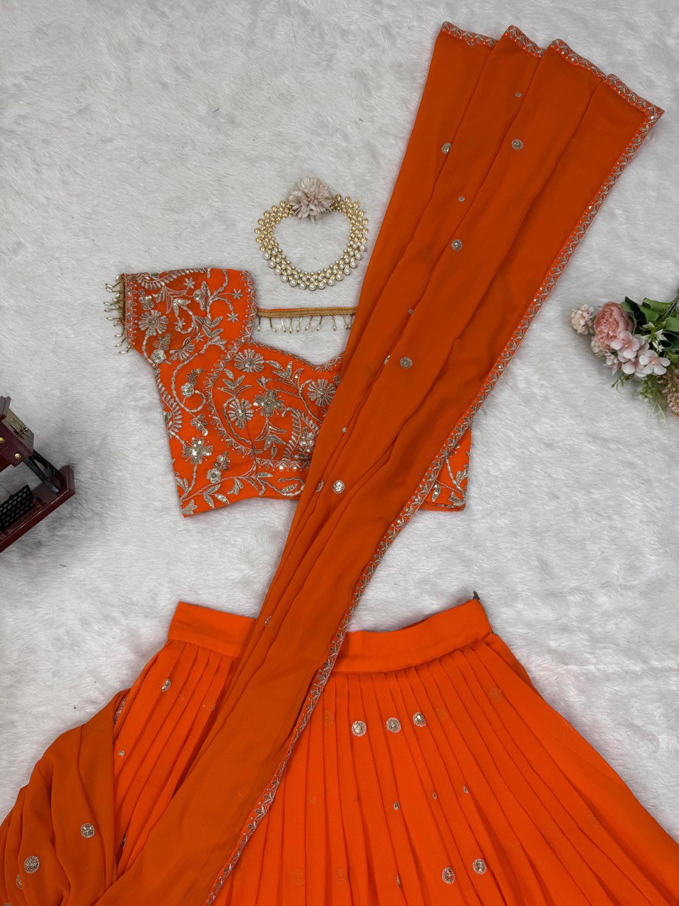 "Elegant Faux Georgette Lehenga Saree & Choli Set with Sequins & Ruffle Style"