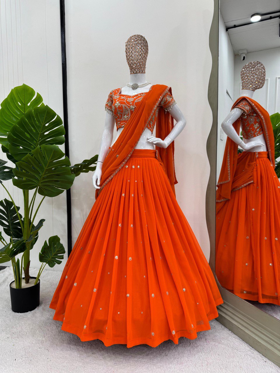 "Elegant Faux Georgette Lehenga Saree & Choli Set with Sequins & Ruffle Style"