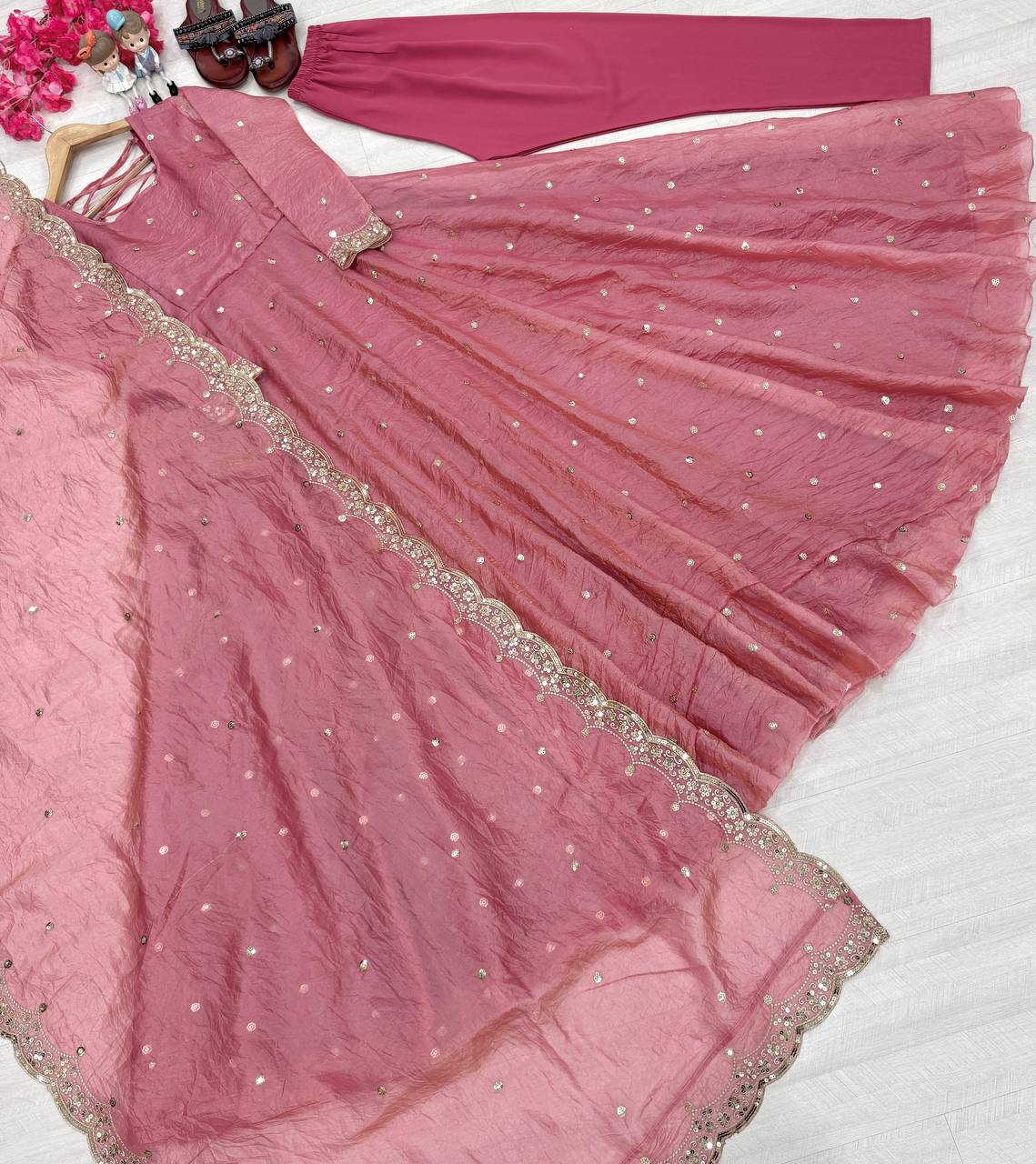 "Beautiful Embroidered Soft Gold Crush Silk Umbrella Gown with Dupatta"