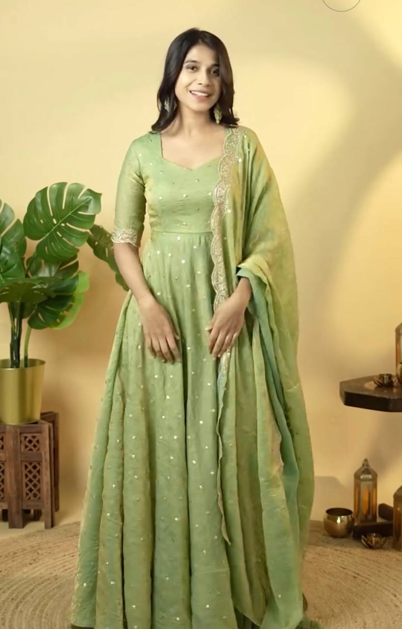 "Beautiful Embroidered Soft Gold Crush Silk Umbrella Gown with Dupatta"
