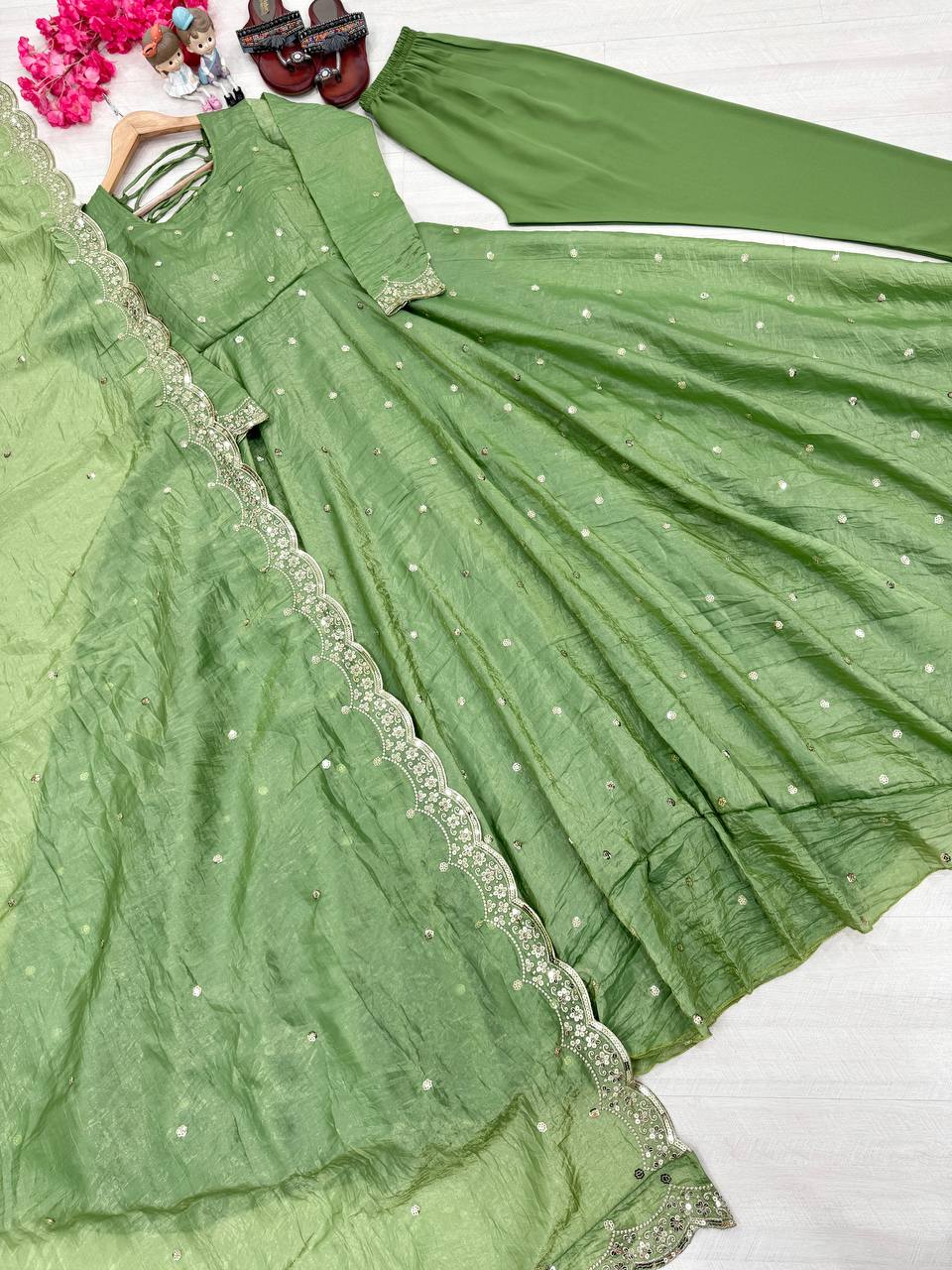 "Beautiful Embroidered Soft Gold Crush Silk Umbrella Gown with Dupatta"