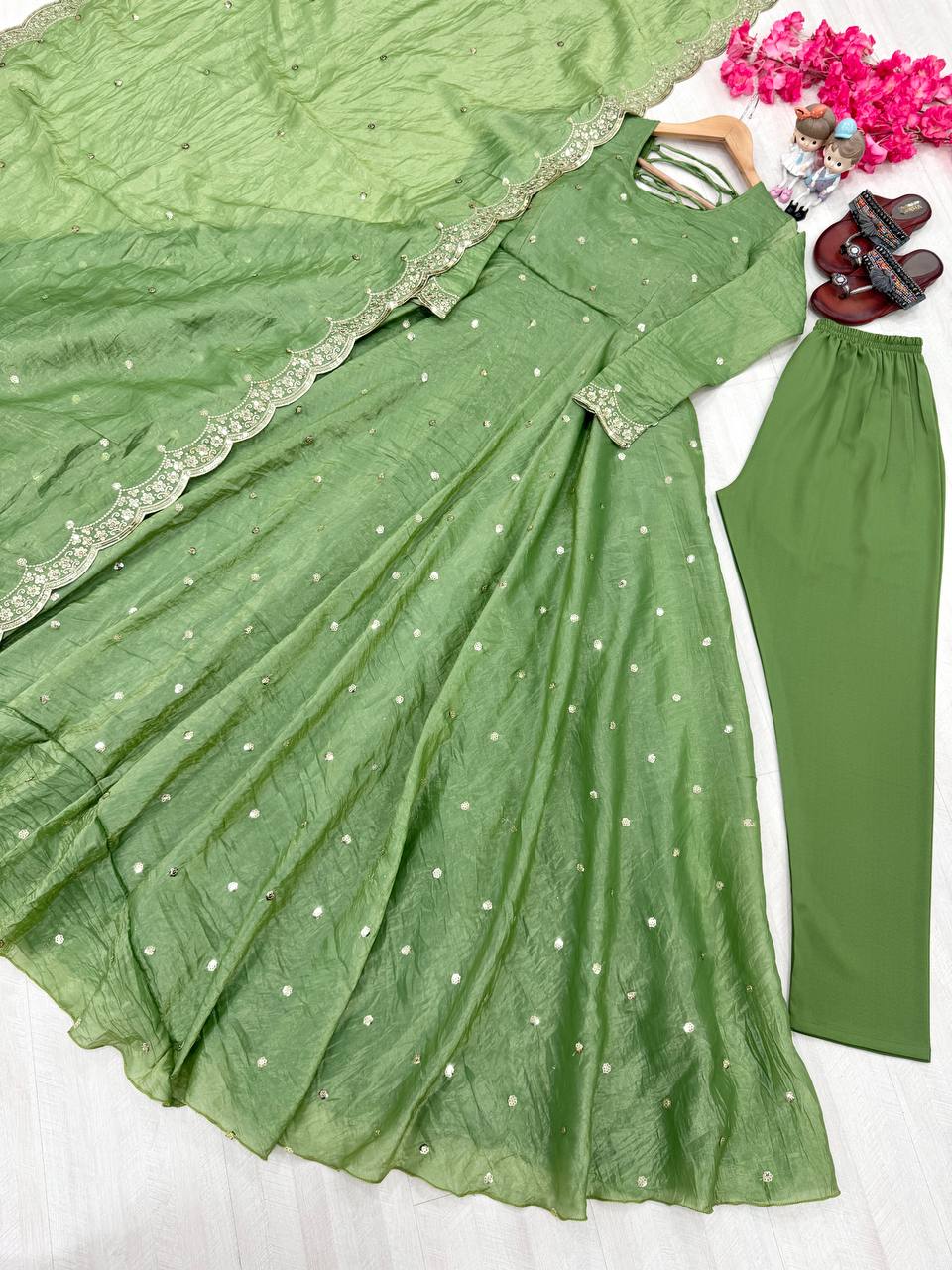 "Beautiful Embroidered Soft Gold Crush Silk Umbrella Gown with Dupatta"