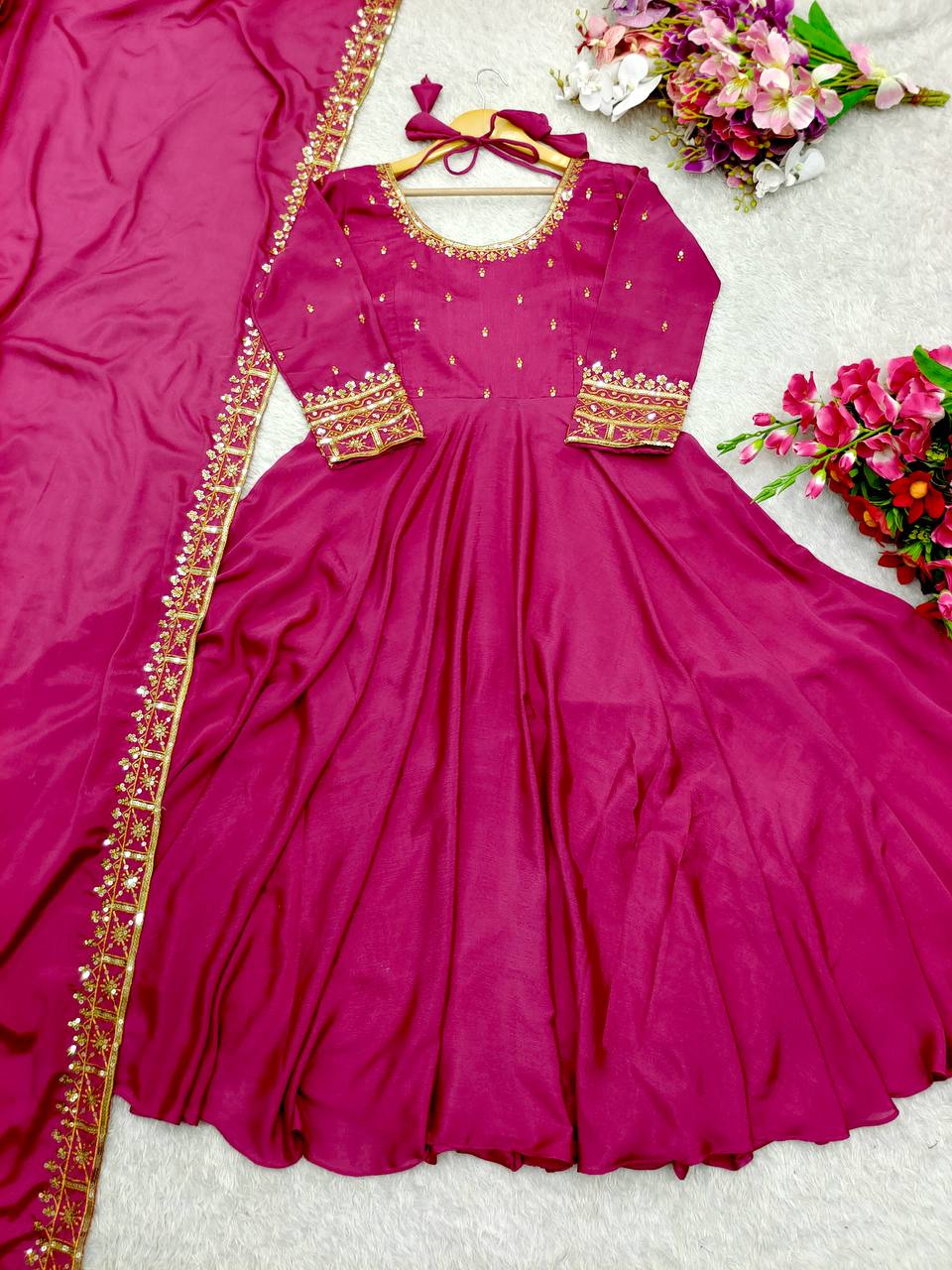 "Luxury Vichi Silk GWON with Embroidered Dupatta β Fully Stitched & Ready to Wear"