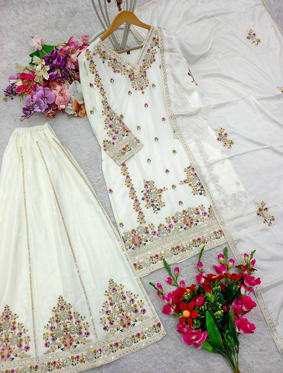 "Elegant Cinon Silk Embroidered Top, Sarara, and Dupatta Set β Fully Stitched, Ready to Wear"