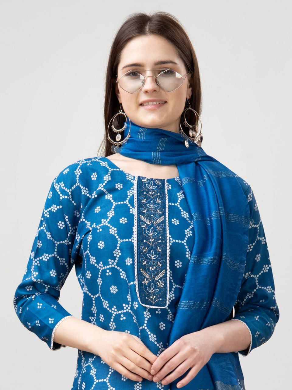 "Elegant Rayon Print Kurti with Embroidery, Fancy Lace Work & Silk Blend Dupatta"