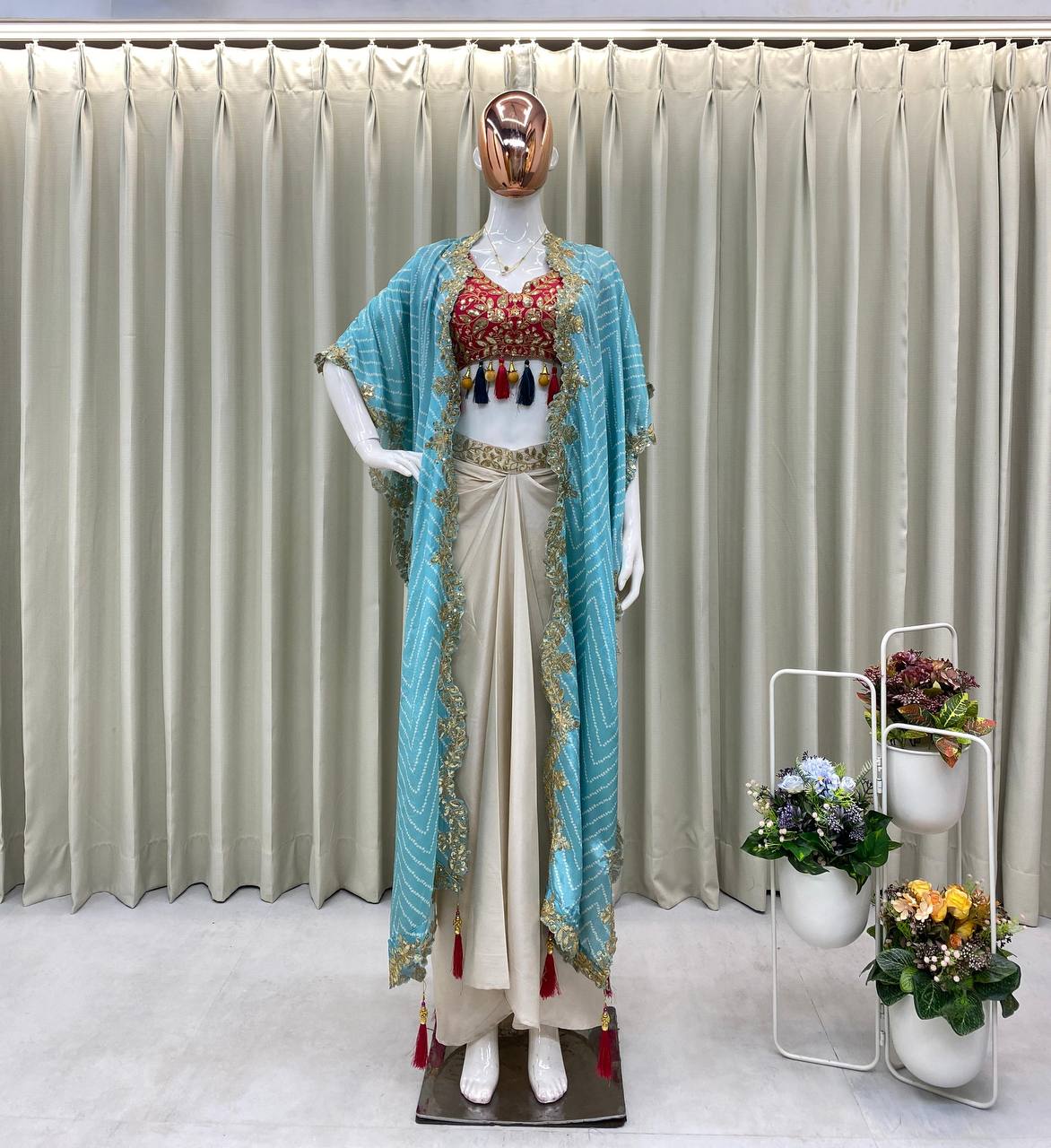 "Elegant Sequence Embroidered Ensemble: Tube Blouse, Draped Skirt & Shrug"